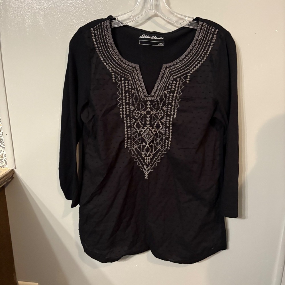 Eddie Bauer Black Embroidered 3/4 Sleeve Cotton Blouse Tunic Top (Women's Small)